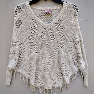 Love On A Hanger Women's Crochet Open Weave Sleeved Cape Poncho Sweater Fringe S